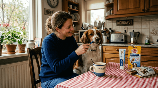 In de keuken staat een vrouw de tanden van haar hond te poetsen.
