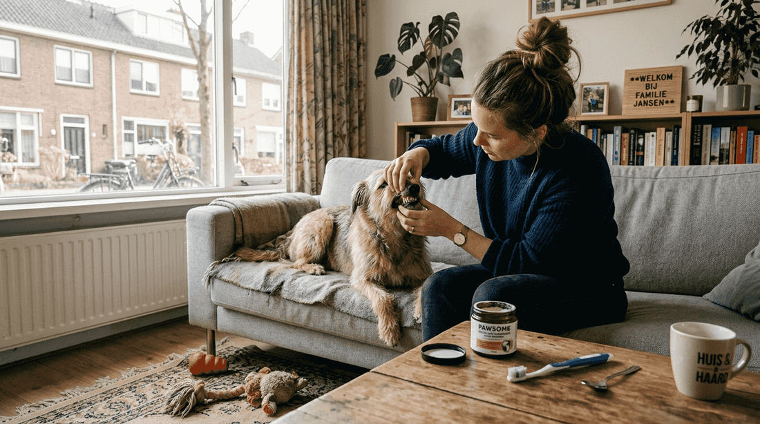 Baasje bekijkt het gebit van zijn hond terwijl ze samen op de bank zitten.