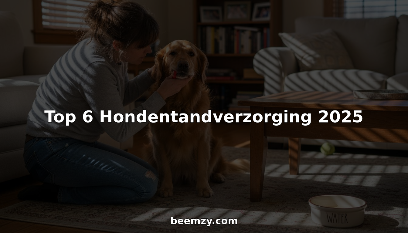 Een baasje poetst de tanden van zijn hond in de woonkamer.