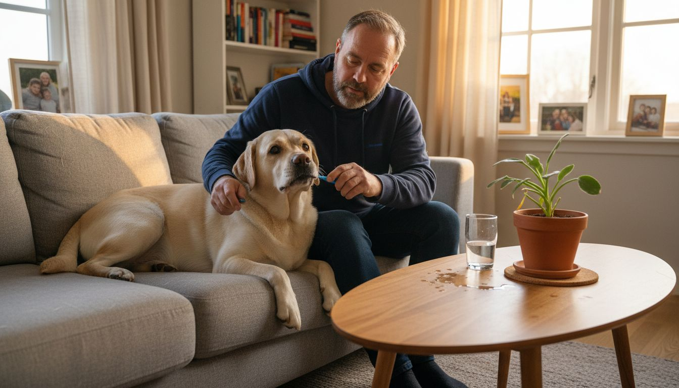 Baasje maakt de tanden van zijn hond schoon terwijl ze samen op de bank zitten.