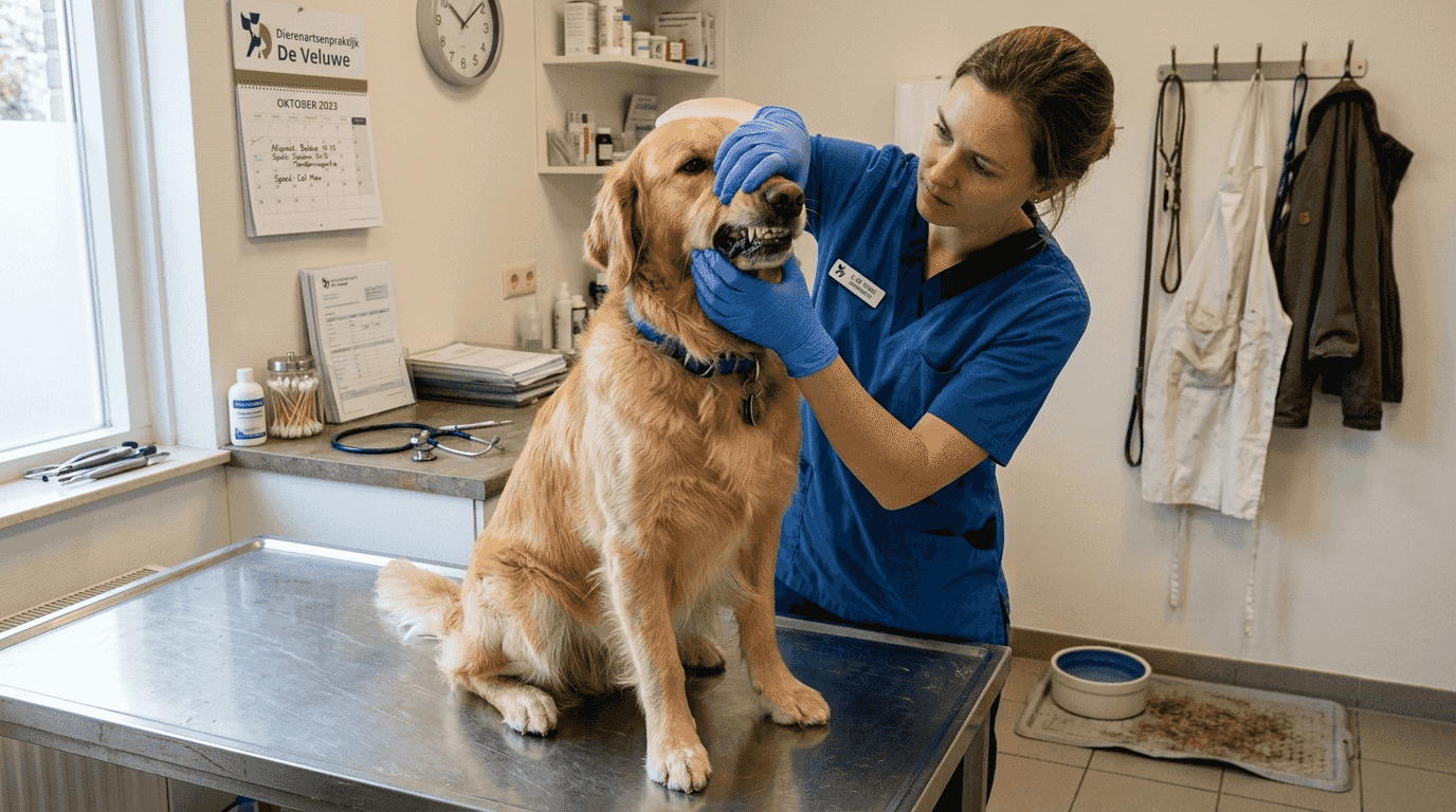 Tijdens een bezoek aan de dierenkliniek bekijkt de dierenarts het gebit van een hond zorgvuldig.