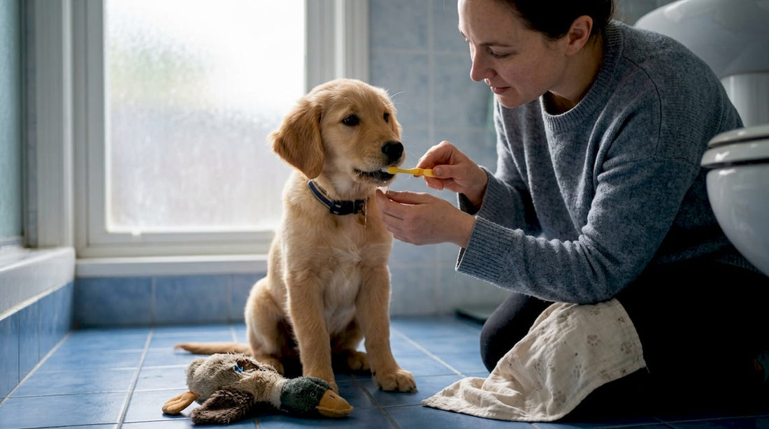 Een baasje poetst de tandjes van zijn jonge golden retriever.