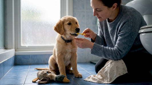 Een baasje poetst de tandjes van zijn jonge golden retriever.