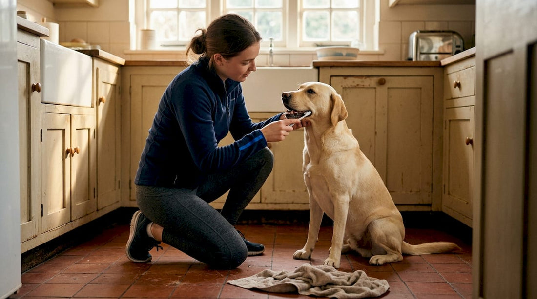 Een vrouw is bezig de tanden van haar zwarte labrador te poetsen.