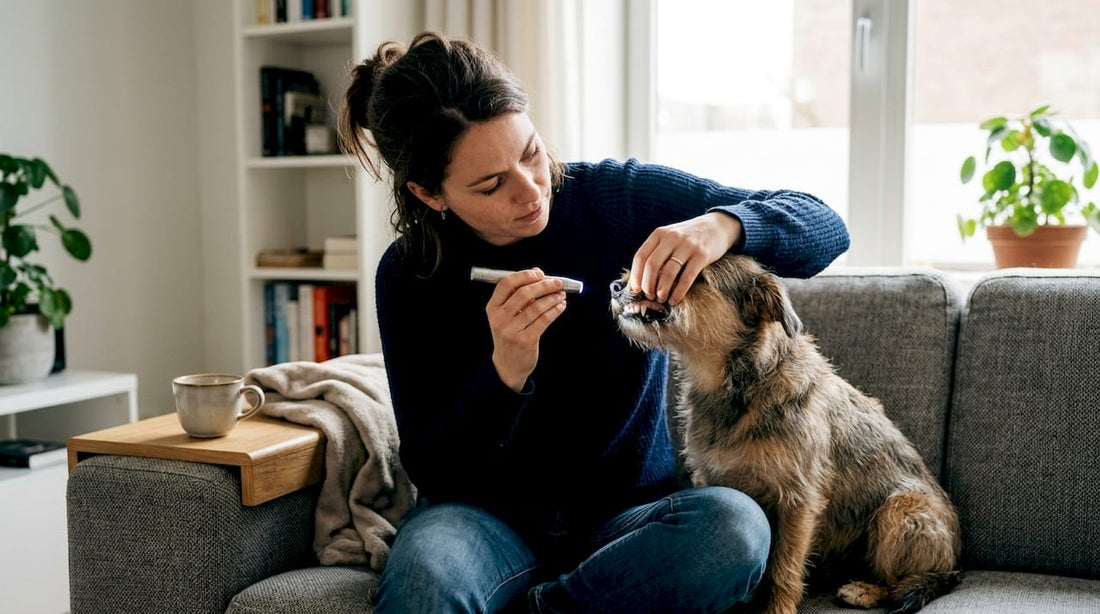 Een vrouw bekijkt de tanden van haar hond terwijl ze samen op de bank zitten.