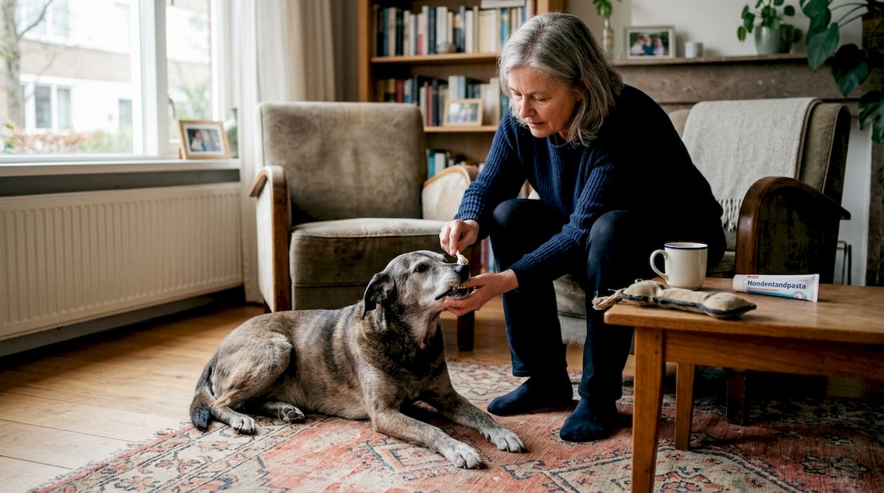In de woonkamer geeft een vrouw haar oudere hond een poetsbeurt aan zijn tanden.