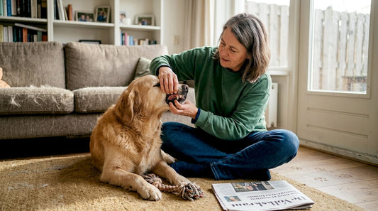 Baasje bekijkt thuis de tanden van zijn hond