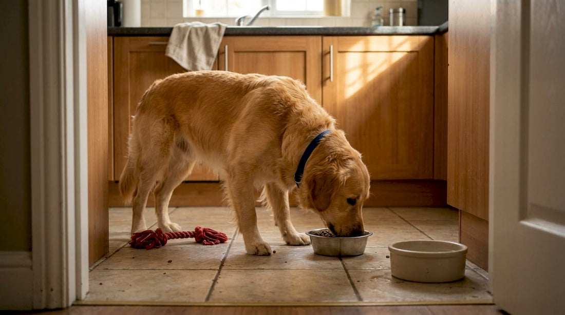 De hond zit in de keuken rustig brokjes te eten, vlak naast zijn waterbak.