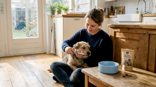 Vrouw maakt thuis het gebit van haar hond schoon