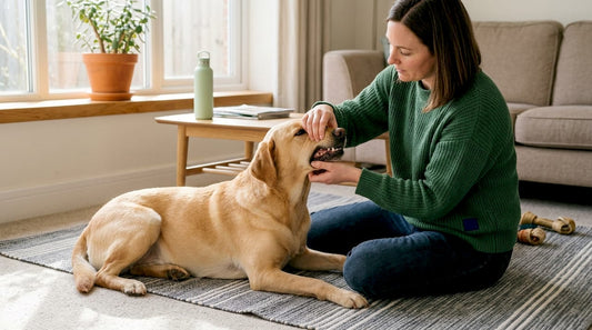 Baasje controleert het gebit van zijn hond gewoon thuis in de woonkamer.