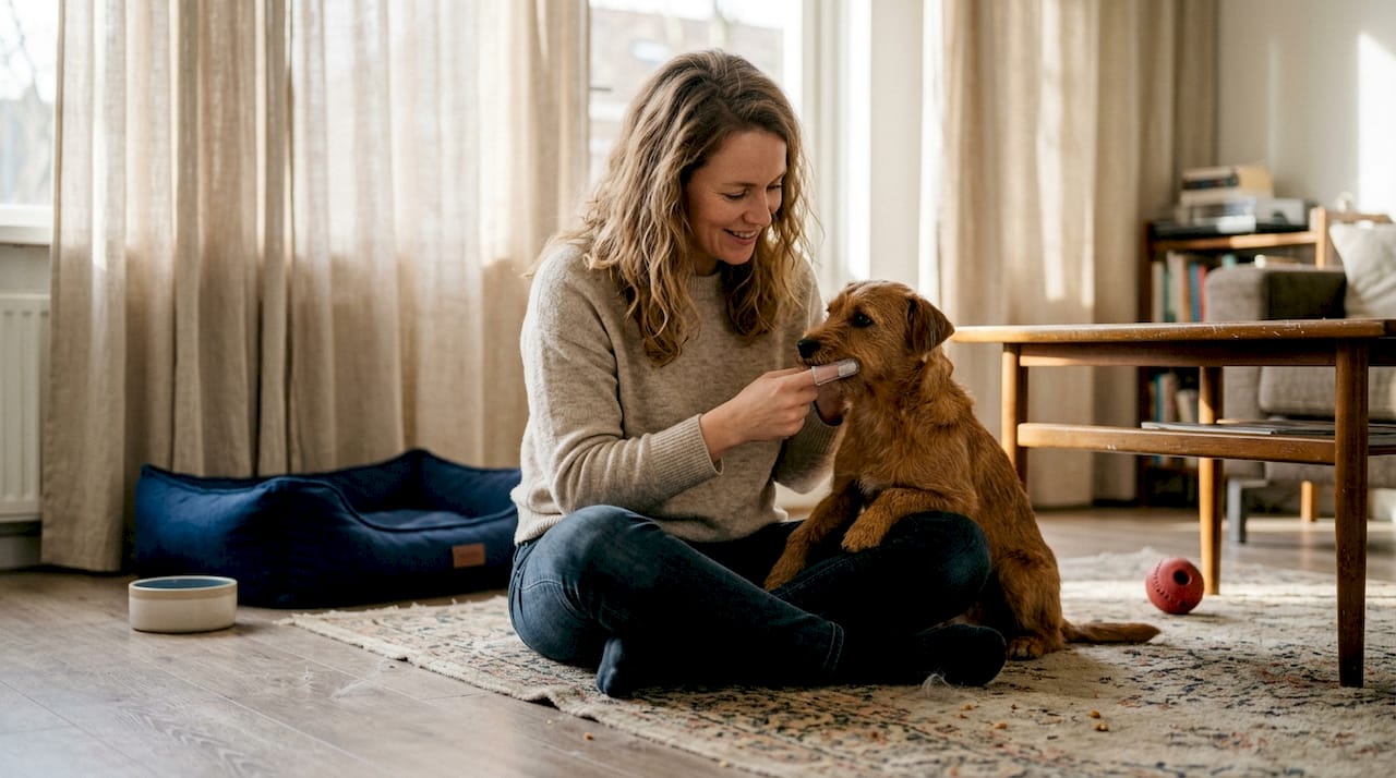 In de woonkamer geeft een vrouw haar hond een poetsbeurt aan zijn tanden.