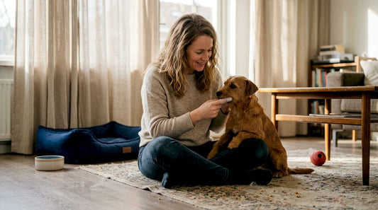 In de woonkamer geeft een vrouw haar hond een poetsbeurt aan zijn tanden.