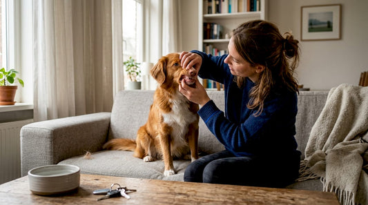 Op de bank kijkt het baasje even het gebit van de hond na.