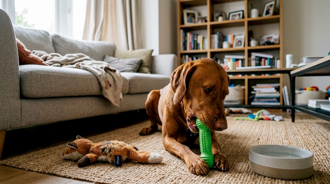 In de woonkamer ligt de hond gezellig te knagen op zijn speeltje.