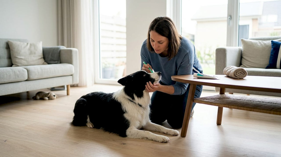 Een vrouw is op de houten vloer bezig de tanden van haar hond te poetsen.