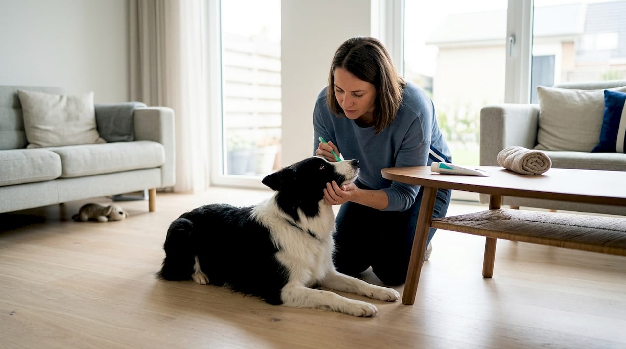 Een vrouw is op de houten vloer bezig de tanden van haar hond te poetsen.
