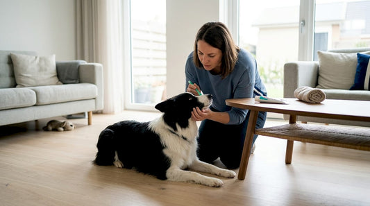 Een vrouw is op de houten vloer bezig de tanden van haar hond te poetsen.