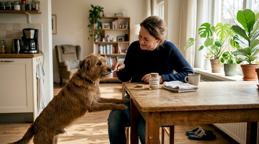 Vrouw maakt het gebit van haar hond schoon aan de eettafel
