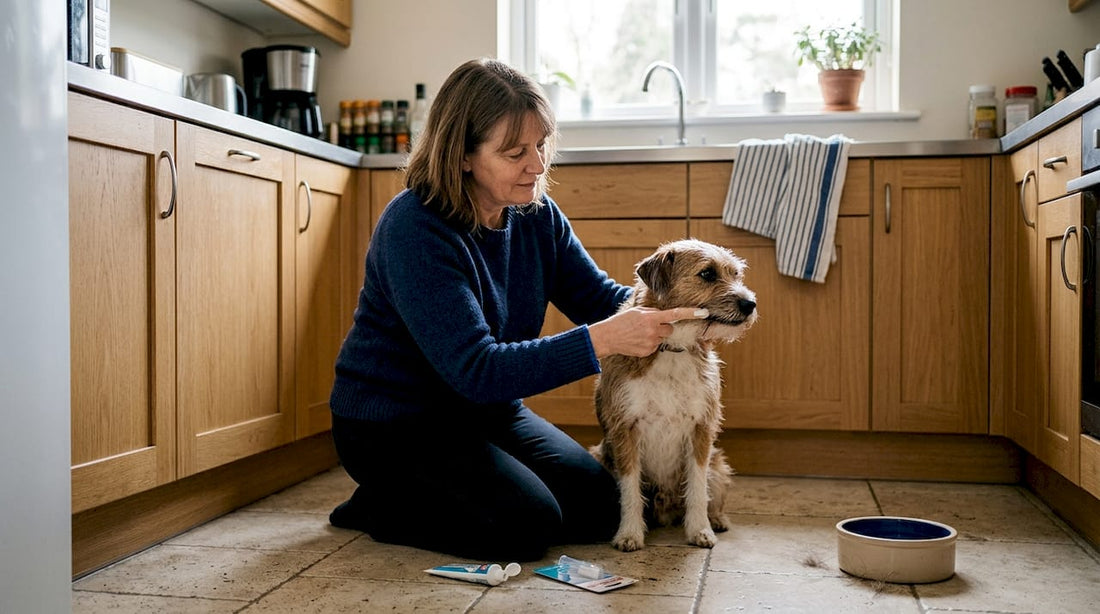 Een vrouw poetst de tanden van haar hond in de keuken.
