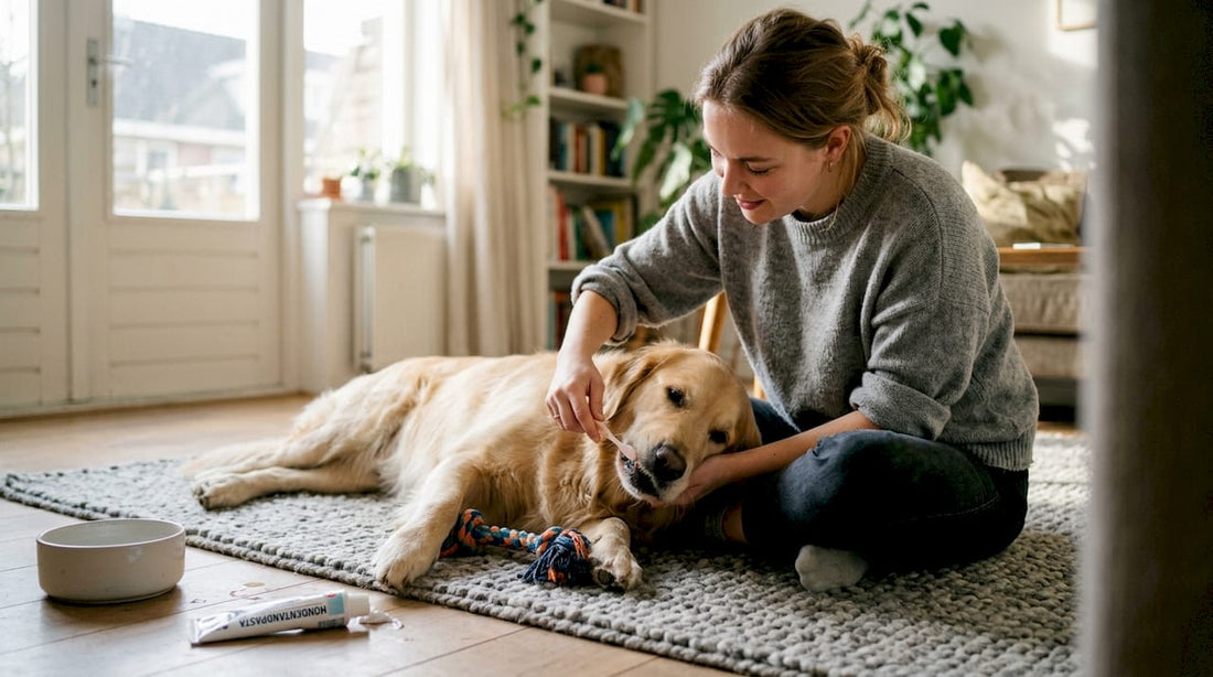 In de woonkamer maakt een vrouw haar hond z’n tanden schoon.