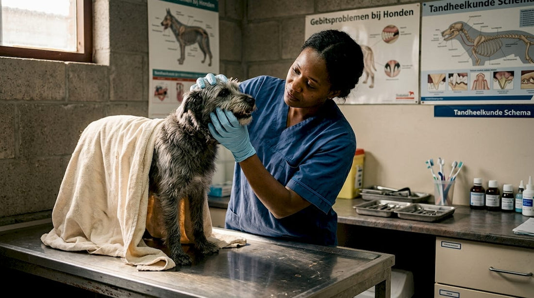 In het asiel controleert de dierenarts het gebit van een hond.