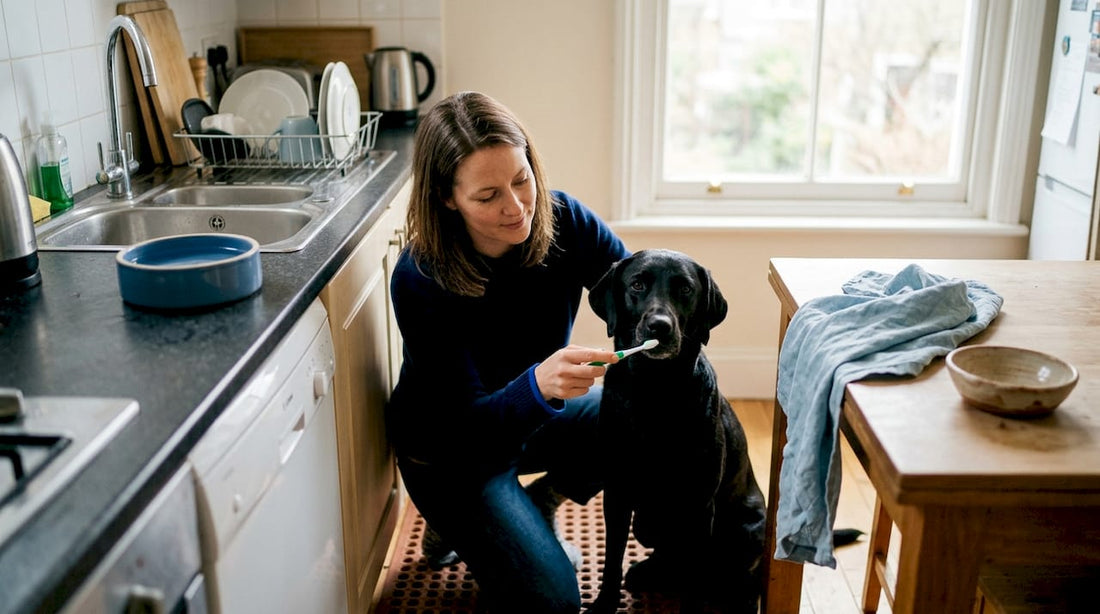 Vrouw poetst het gebit van haar hond aan het aanrecht