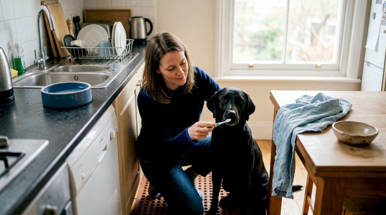 Vrouw poetst het gebit van haar hond aan het aanrecht