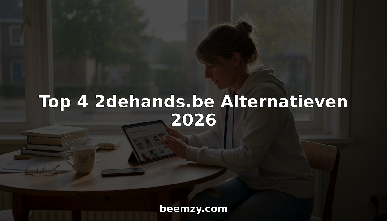 Een vrouw zit thuis op haar gemak tweedehands spullen te bekijken op online platforms.