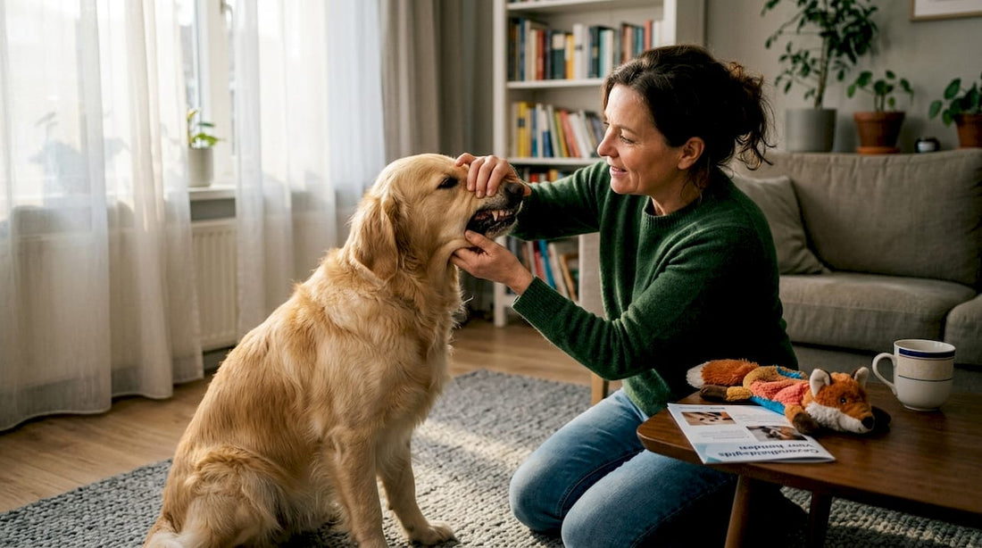 Een vrouw inspecteert thuis het gebit van haar golden retriever.