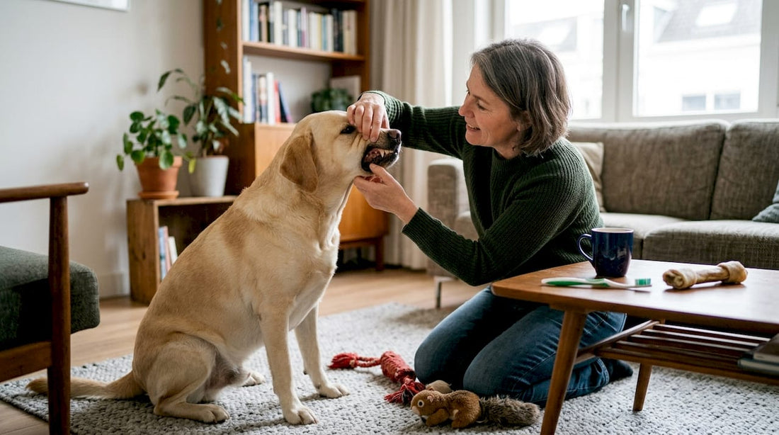 Een vrouw bekijkt het gebit van haar hond terwijl ze samen in de woonkamer zitten.