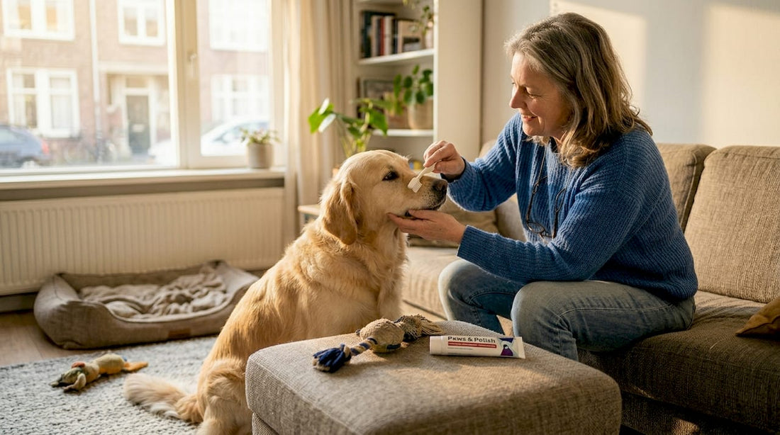 In een warme, huiselijke sfeer poetst het baasje rustig de tanden van zijn hond.