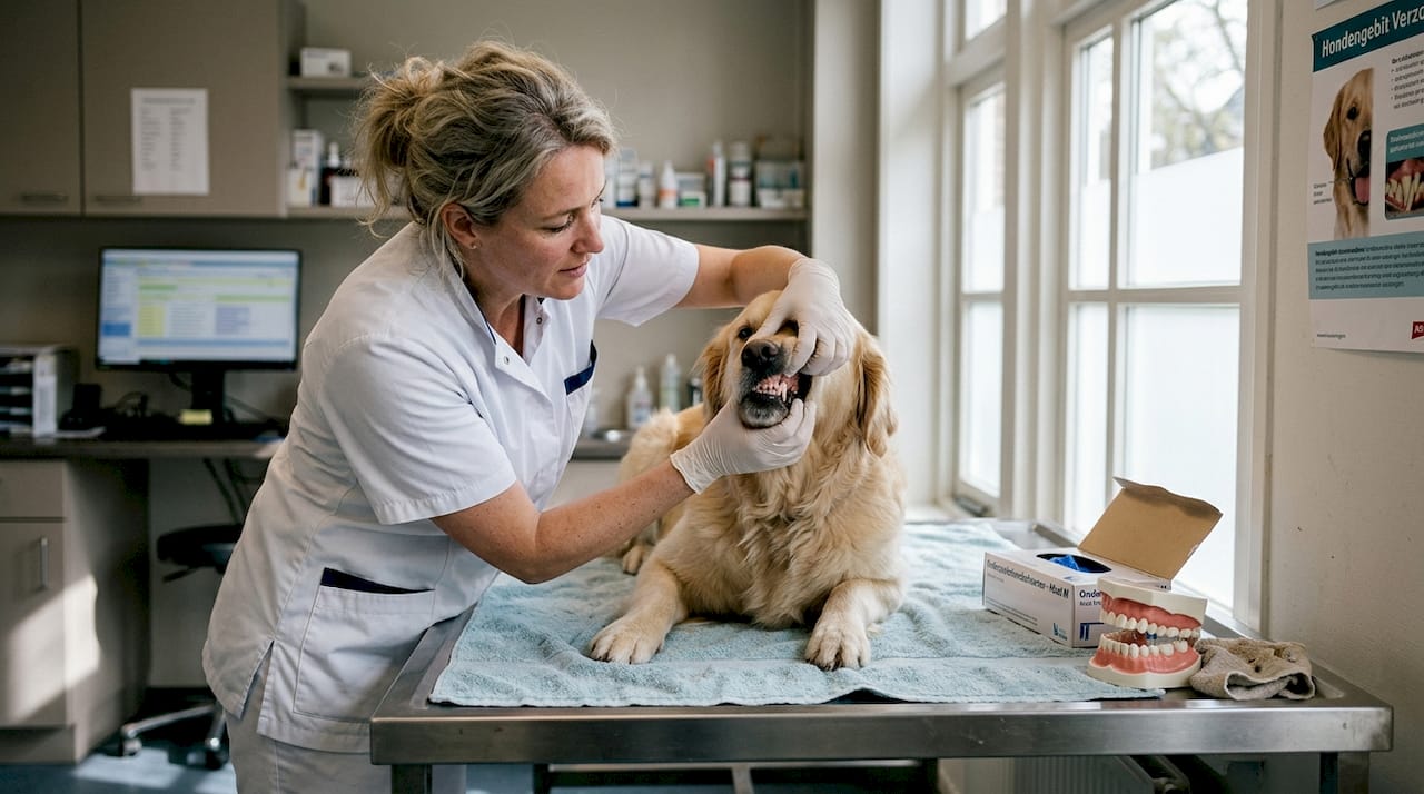 Tijdens de jaarlijkse gezondheidscontrole kijkt de dierenarts ook altijd even naar het gebit van de hond.