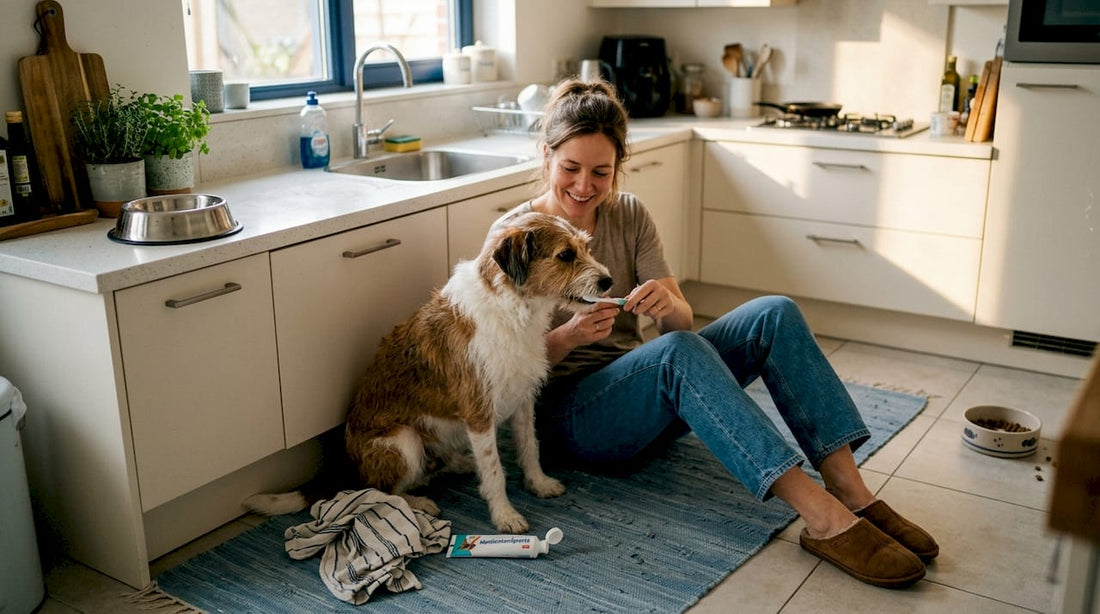 In de keuken staat het baasje rustig de tanden van zijn hond te poetsen.