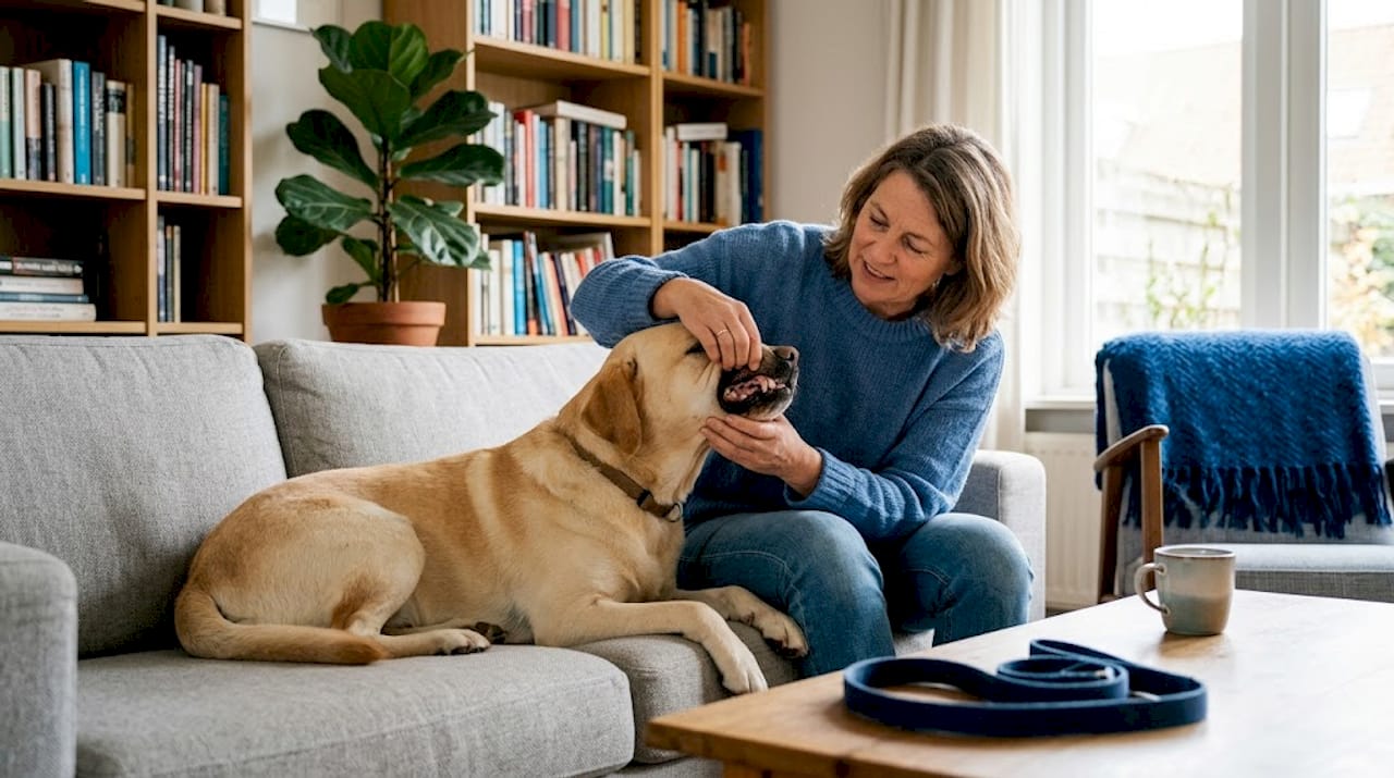 Baasje bekijkt het gebit van de hond in de woonkamer.