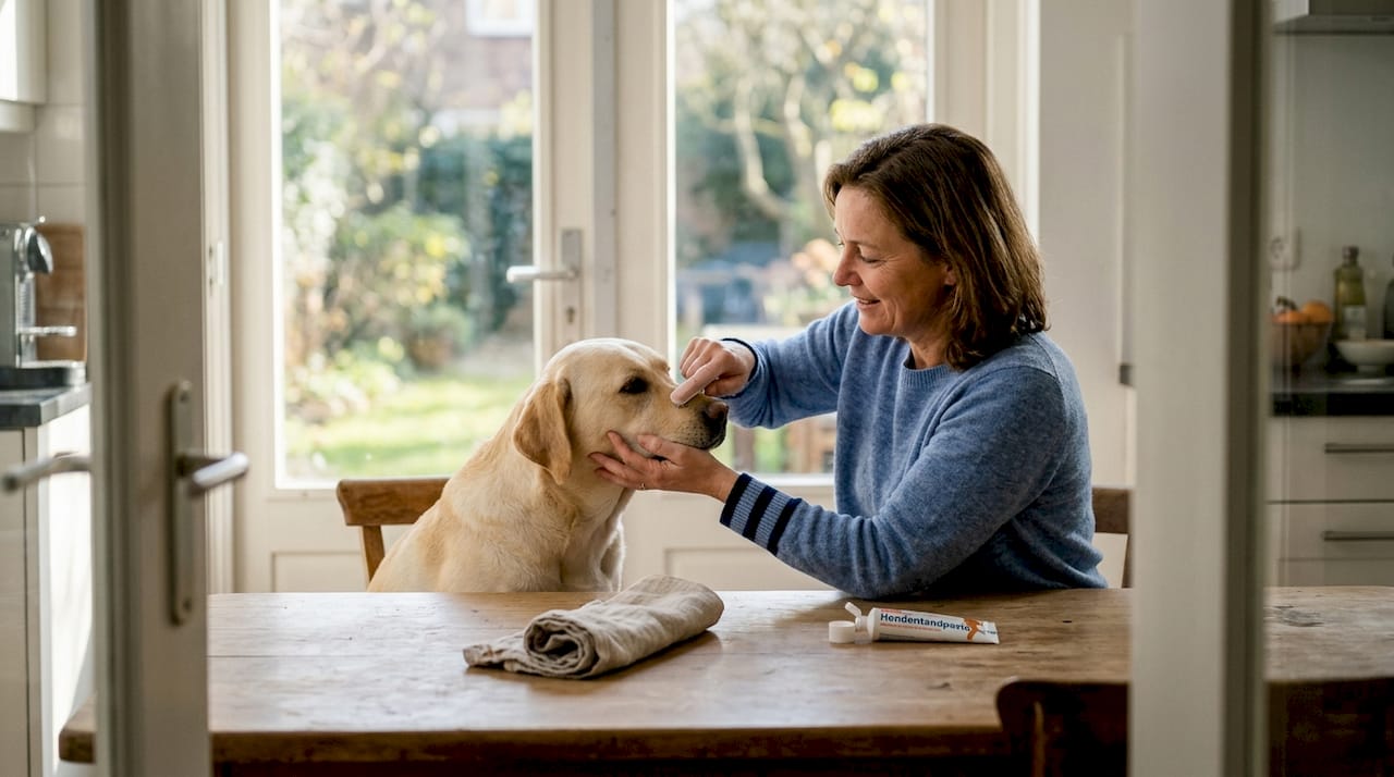 Een vrouw poetst op haar gemak de tanden van haar hond.