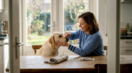Een vrouw poetst op haar gemak de tanden van haar hond.