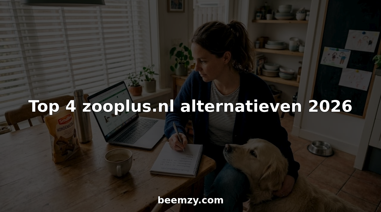 Een hondenbezitter zit aan de keukentafel verschillende dierenwinkels met elkaar te vergelijken.