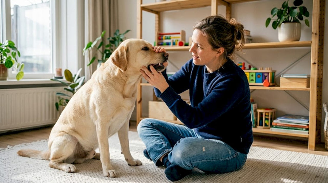 Een vrouw bekijkt de mond van haar zittende labrador.