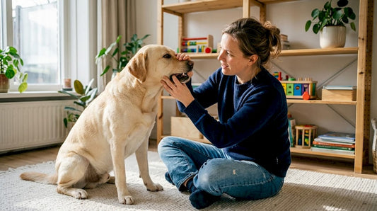Een vrouw bekijkt de mond van haar zittende labrador.