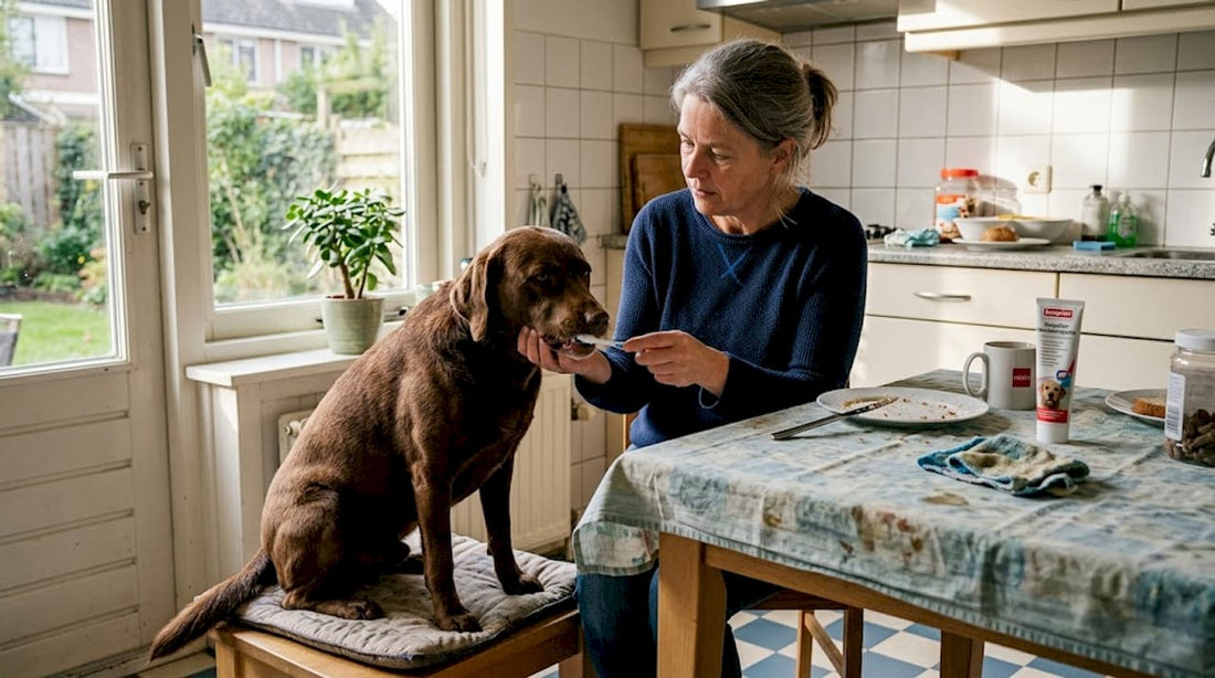 Vrouw maakt de tanden van haar hond schoon aan de keukentafel