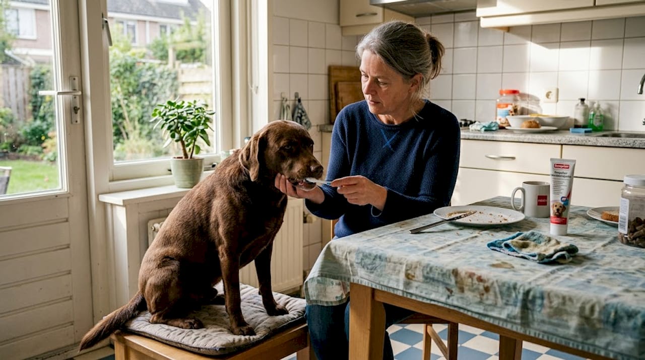 Vrouw maakt de tanden van haar hond schoon aan de keukentafel