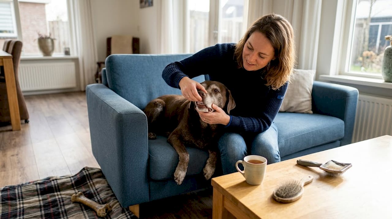Op de bank in de woonkamer bekijkt een vrouw het gebit van haar hond.