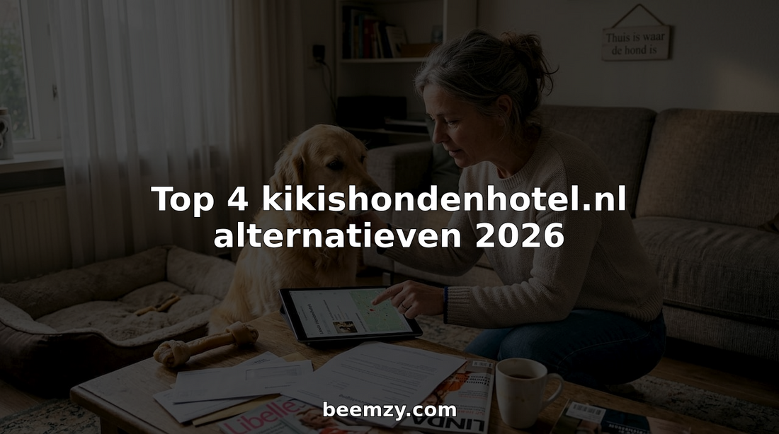 Vrouw vergelijkt verschillende hondenhotels terwijl haar golden retriever nieuwsgierig toekijkt
