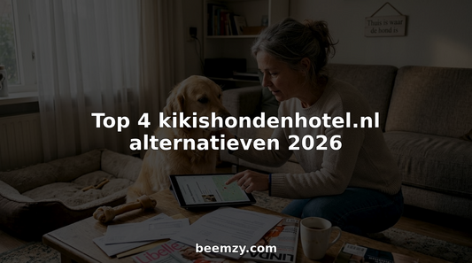 Vrouw vergelijkt verschillende hondenhotels terwijl haar golden retriever nieuwsgierig toekijkt