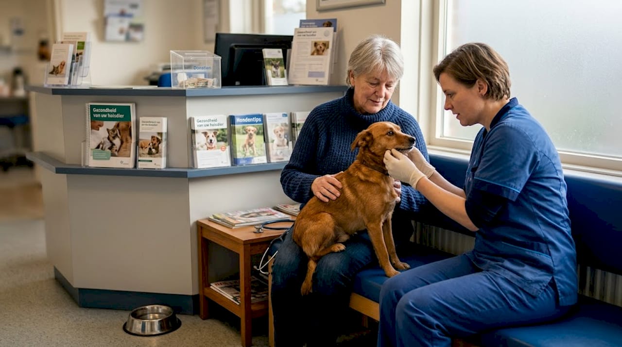 De dierenarts bekijkt het gebit van de hond tijdens een controle.