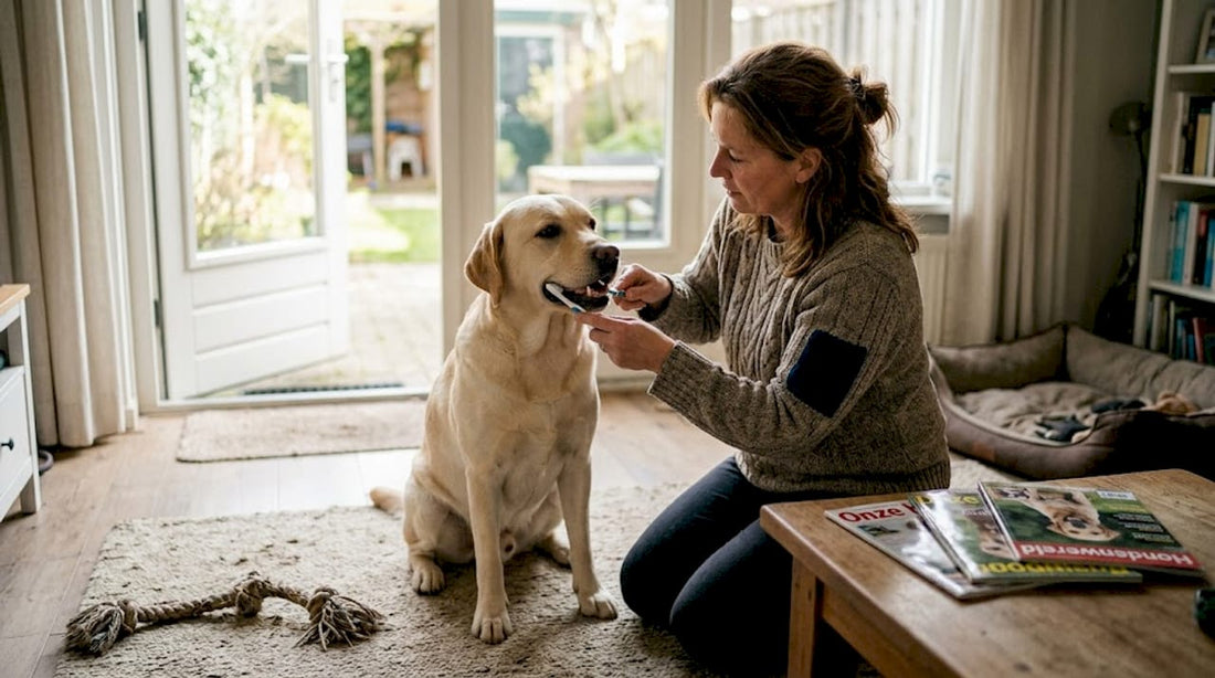 In de woonkamer geeft een vrouw haar labrador een poetsbeurt aan zijn tanden.