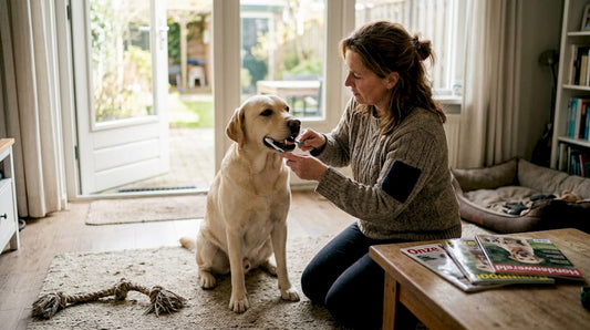 In de woonkamer geeft een vrouw haar labrador een poetsbeurt aan zijn tanden.