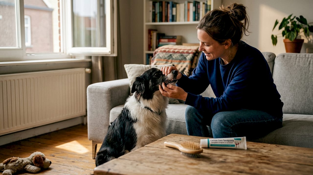 Een vrouw bekijkt het gebit van haar hond terwijl ze samen op de bank zitten.