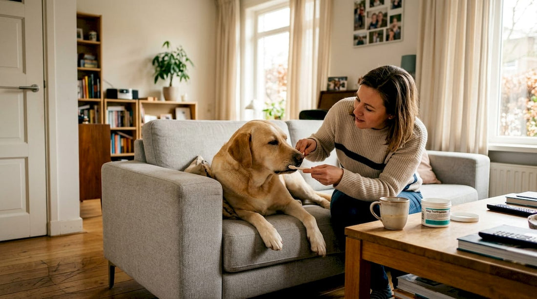 Op de bank maakt het baasje de tanden van zijn hond schoon.
