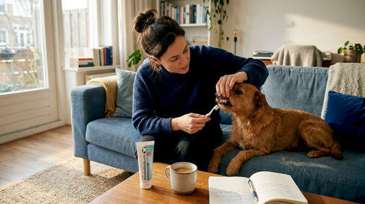 Een vrouw kijkt thuis de tanden van haar hond na.